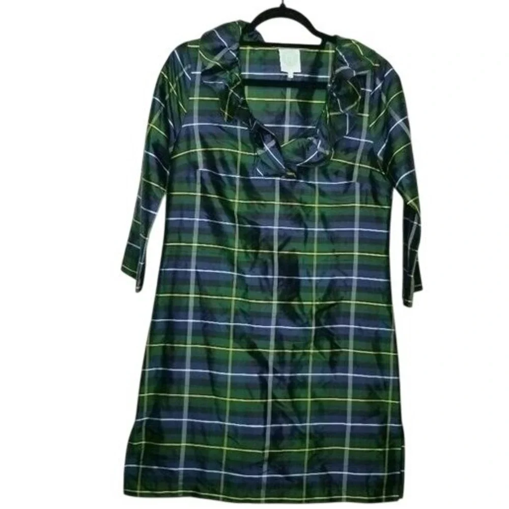 Devon Baer Plaid Silk Dress Ruffle Collar 3/4 Sleeve Women's S Preppy Holiday‎
